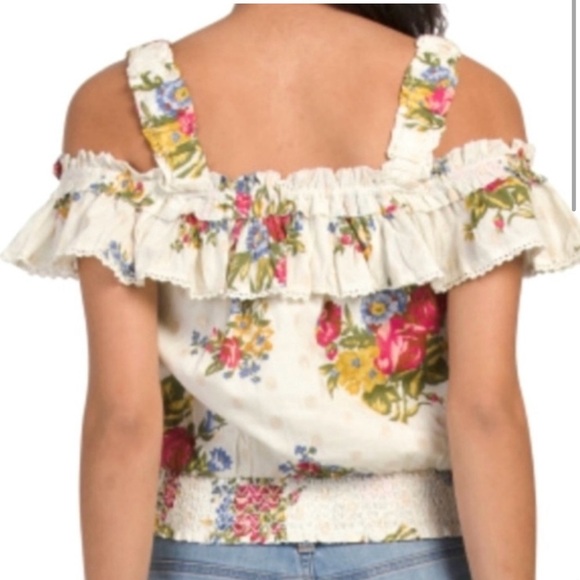 House Of Harlow 1960 Helena Ivory Floral Ruffle Top Gold Metallic Size Medium - Picture 2 of 6